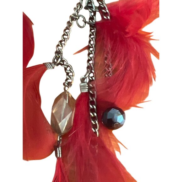 Long Dangle Earrings Red Feathers Gunmetal Glass Acrylic Beads Hooks Boho 6" - Picture 3 of 4